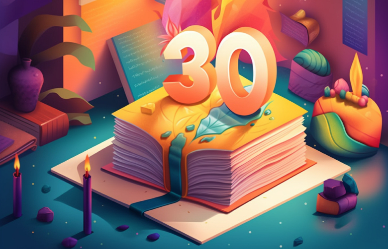 Illustration eines Geburtstagsbuches mit der Nummer 30, die den 30. Geburtstag darstellt