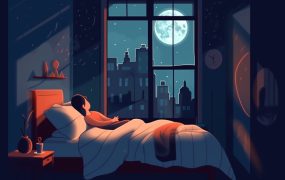 Person, die im Bett in einem Zimmer schläft, mit dem Mond sichtbar durch das Fenster