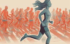 Eine Illustration einer Frau, die in einer Menschenmenge rennt
