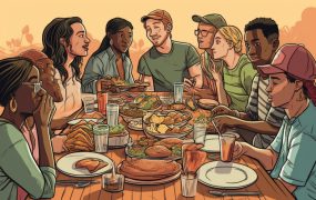 Illustrationen von Freunden, die an einem Esstisch essen