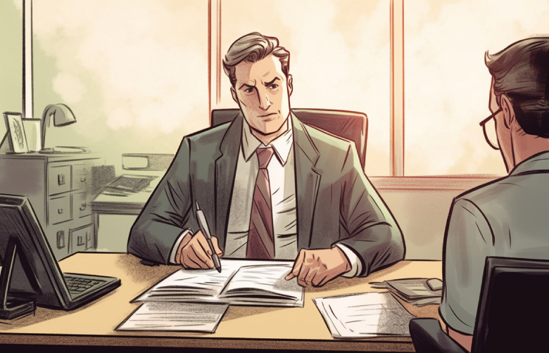 Illustration eines Vorstellungsgesprächs. Zwei Männer sitzen sich an einem Schreibtisch im Büro gegenüber.