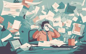 Illustration von gestressten Männern, die an einem Arbeitsplatz voller Papiere vor sich sitzen