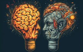 Illustration von zwei Glühbirnen mit Gehirn und Gesicht, die einander gegenüberstehen, wobei eine Glühbirne ein größeres Gehirn hat