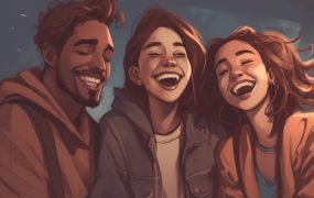 Illustration von drei glücklichen Freunden, die Seite an Seite lachen