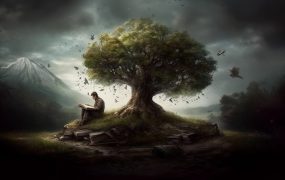 Einsame Person, die ein Buch liest und unter dem Baum sitzt