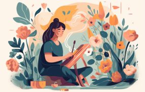 Illustration einer Frau, die Blumen mit einer Staffelei malt