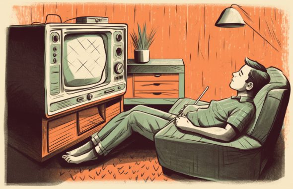 Illustration eines Mannes, der auf dem Sofa liegt und fernsieht